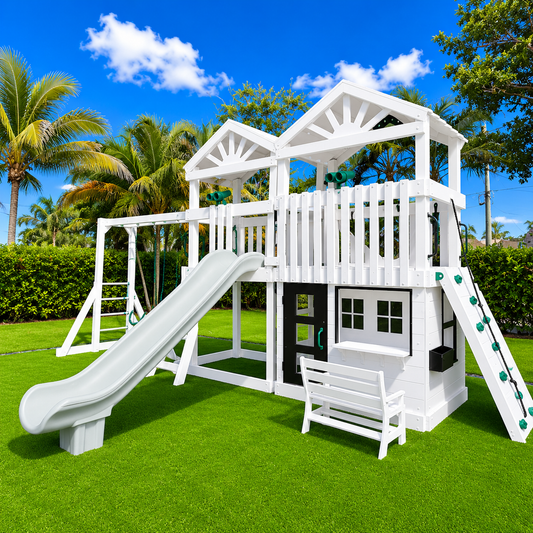 white vinyl swing set with roof, slide, swings and playhouse