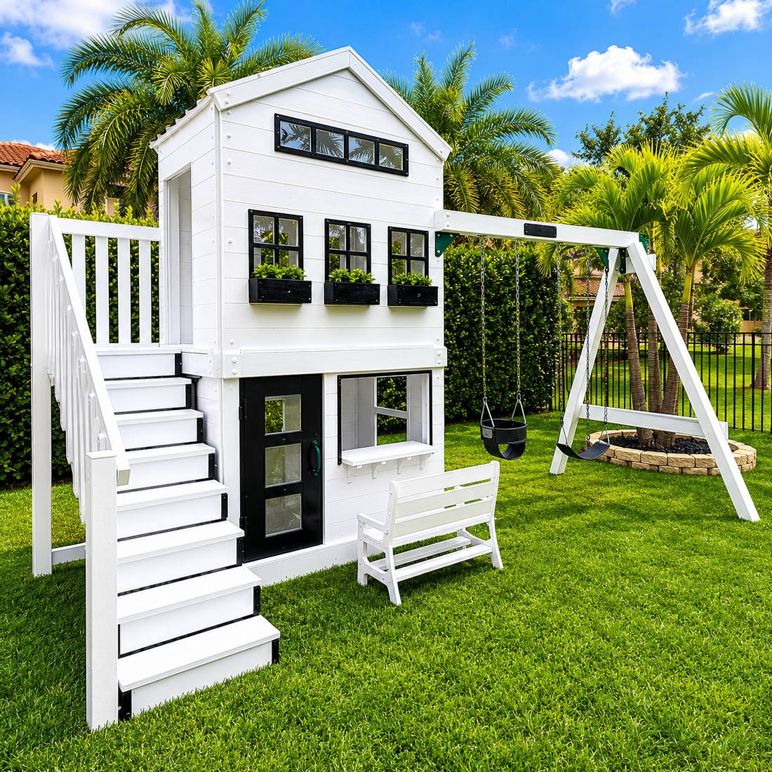white vinyl swing set with roof, slide, swings and playhouse