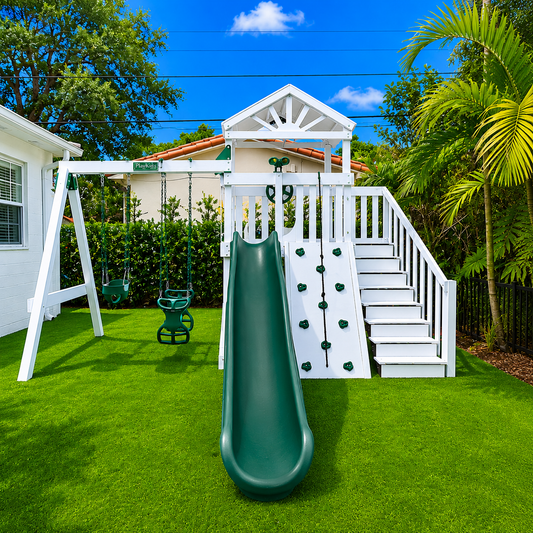 white vinyl swing set with roof, slide, swings and staircase