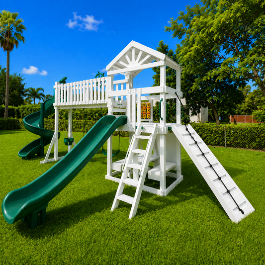 white vinyl swing set with roof, slide, swings and ramp