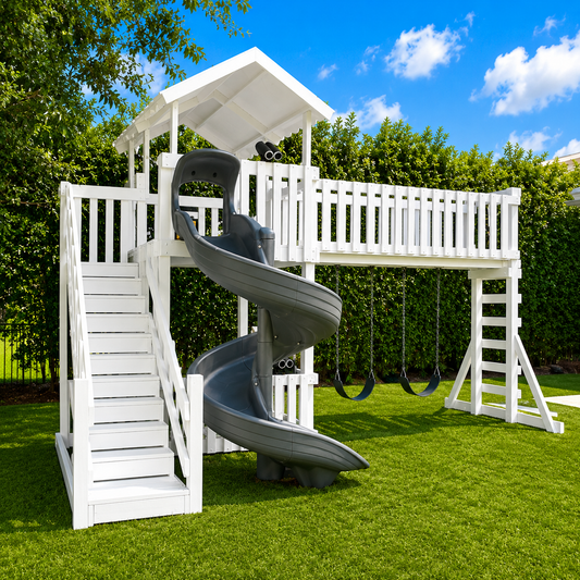 white vinyl swing set with roof, slide, swings and staircase