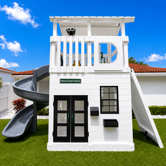 white vinyl swing set with roof, slide, rock wall and playhouse