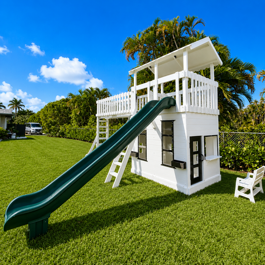 white vinyl swing set with roof, slide, swings and playhouse