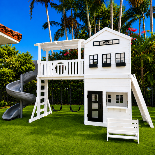white vinyl swing set with roof, slide, swings and playhouse