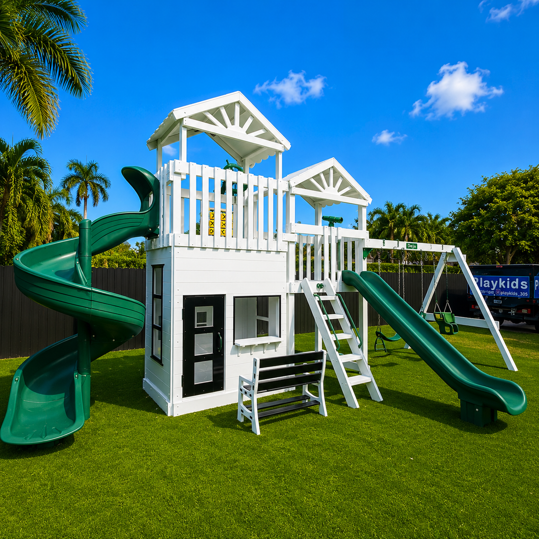 white vinyl swing set with roof, slide, swings and playhouse