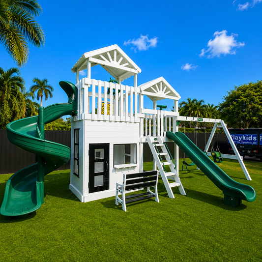 white vinyl swing set with roof, slide, swings and playhouse