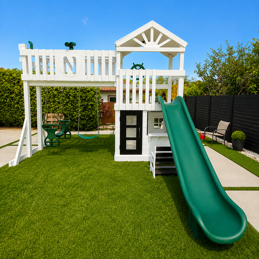 white vinyl swing set with roof, slide, swings and playhouse