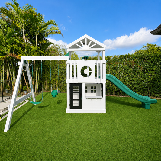 white vinyl swing set with roof, slide and playhouse