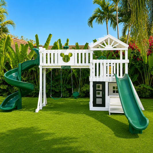 white vinyl swing set with roof, slide, swings and playhouse