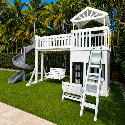 white vinyl swing set with roof, slide and playhouse