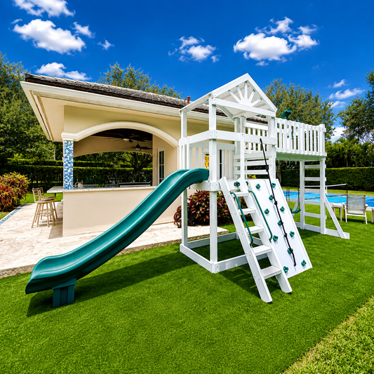 white vinyl swing set with roof, slide, swings and rock wall