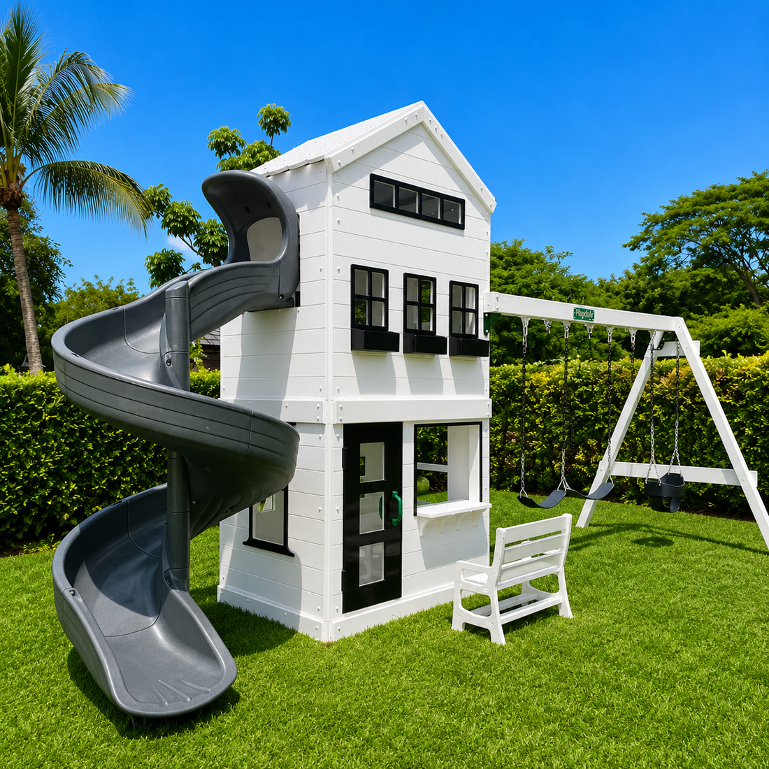 white vinyl swing set with roof, slide, swings and playhouse