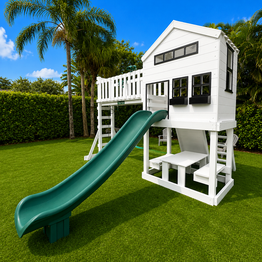 white vinyl swing set with roof, slide, swings and playhouse