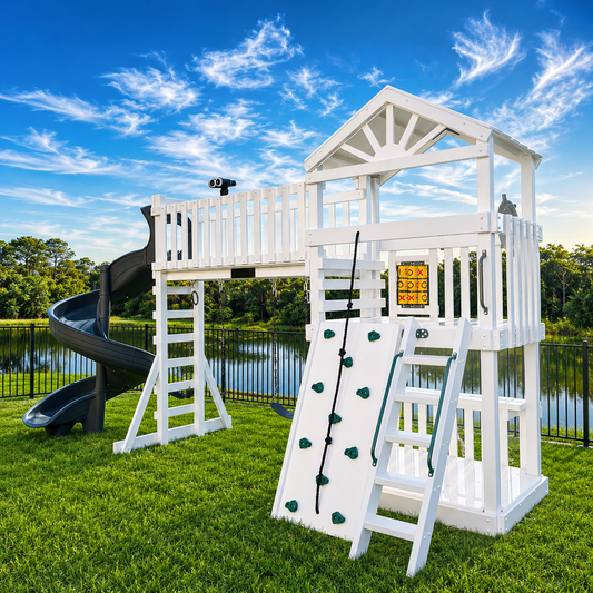 white vinyl swing set with roof, slide, swings and lower deck