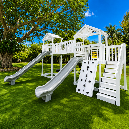 white vinyl swing set with roof, slide and staircase