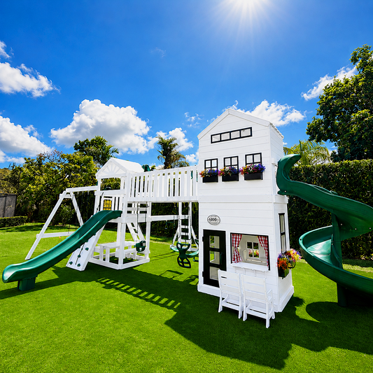 white vinyl swing set with roof, slide and playhouse