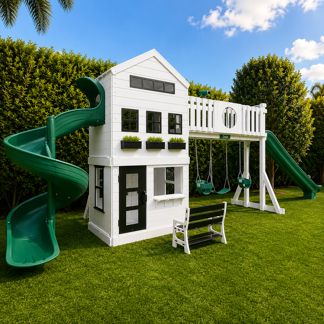 white vinyl swing set with roof, slide, swings and playhouse
