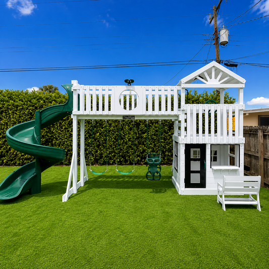 white vinyl swing set with roof, slide, swings and playhouse