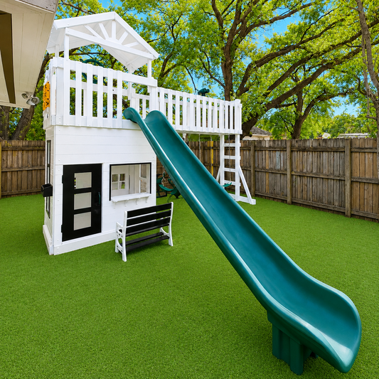 white vinyl swing set with roof, slide, swings and playhouse